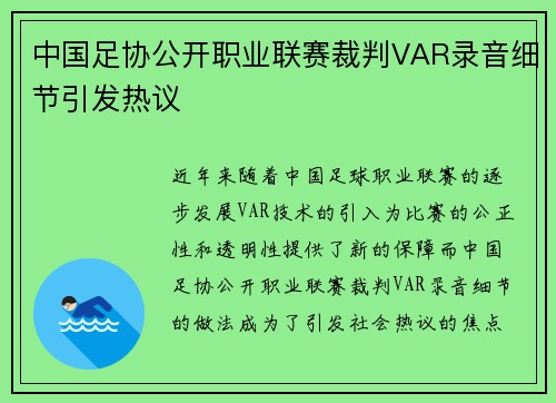 中国足协公开职业联赛裁判VAR录音细节引发热议 中国足协公开职业联赛裁判VAR录音细节引发热议